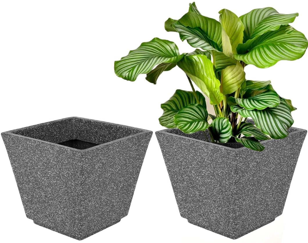 Evergreeness India Agro 10 Inch Stone Like 2 Fiber Squared Planter with Saucer Decorative Plant Pot with Drainage Hole for Indoor Outdoor Use, Black Sand