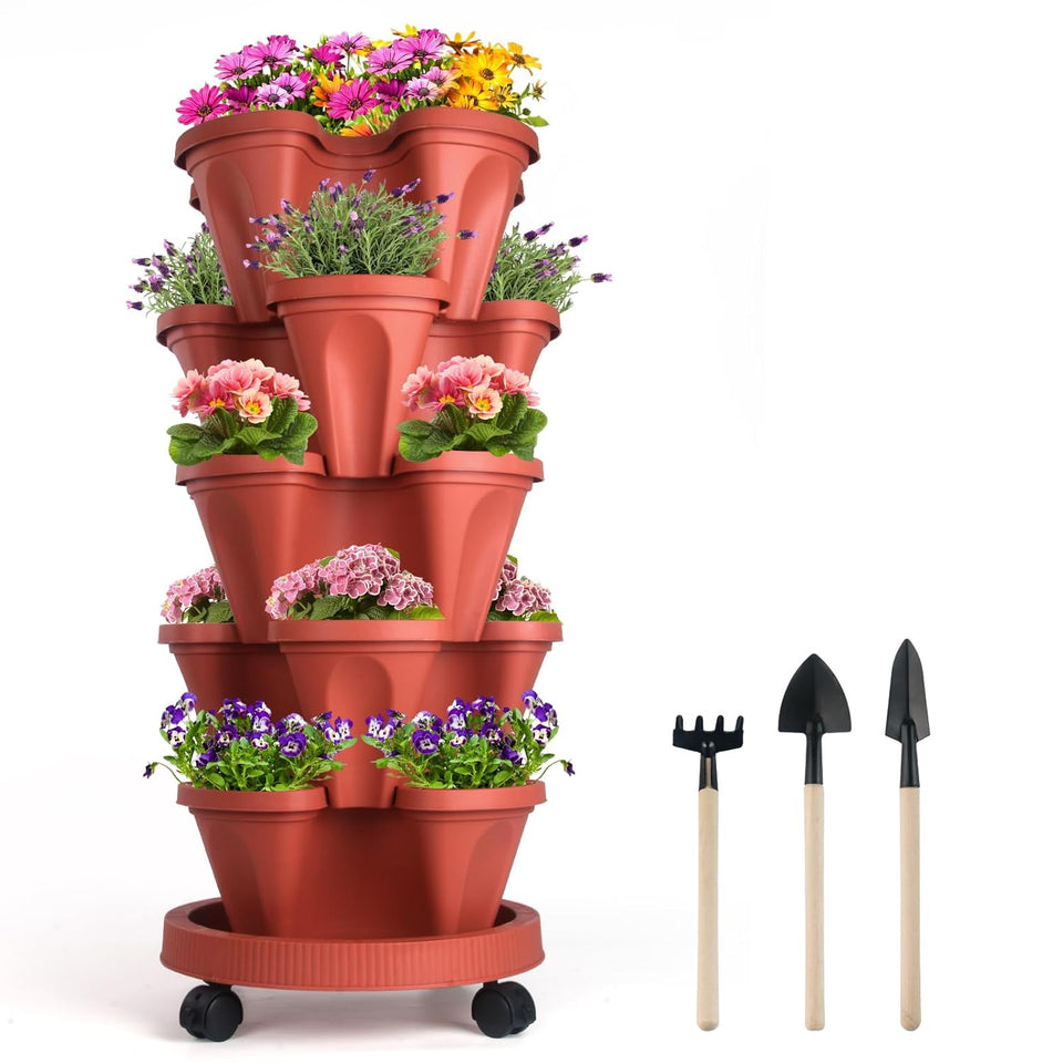 Evergreeness India 5 Tier Vertical Garden Planter with Movable Wheels and Planters Tools, Tower Garden Planters for Vegetables, Flowers, Herbs, Strawberries Planting, Indoor Outdoor Gardening Pots