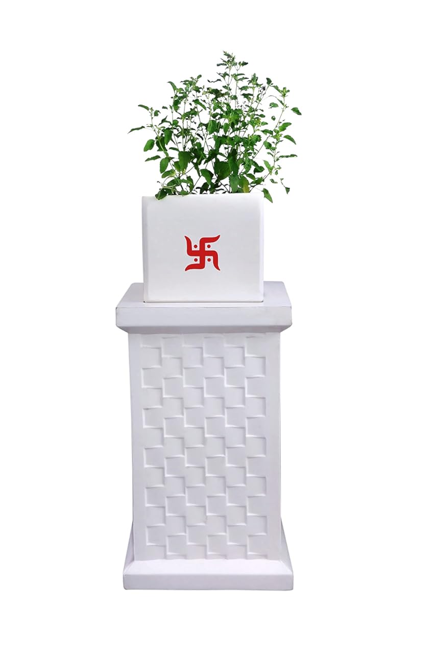 Evergreeness India Fibereum God Tulsi Fiber Pot | Worship For Tulsi, Tulsi Planter | Gardening Tulsi Planter | White Colour Fibre Reinforced | Floral Carving Worked | Handpainted - 37X11X16 Inch, Approx. [Lxwxh]