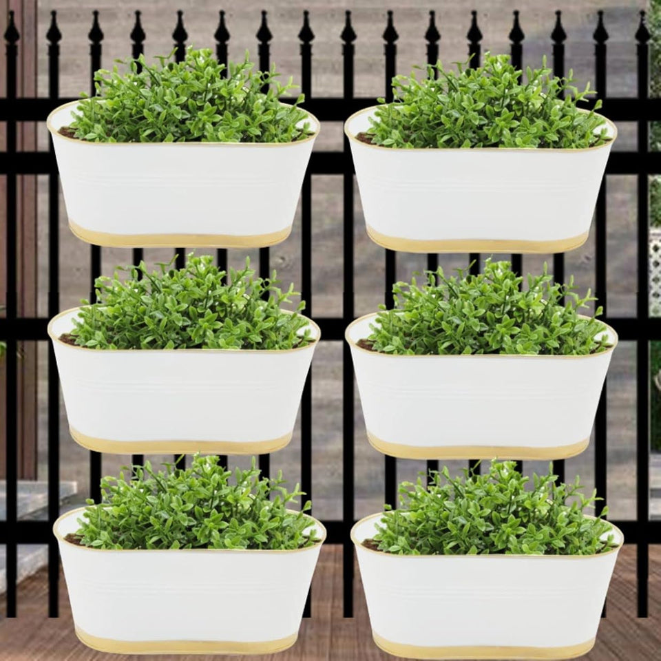 Evergreeness India Inches Balcony Railing Planter, Hanging Flower Pots for Grills, Home Gardening Outdoor Oval Rectangular Metal Plant Pots, Pack of 6 (White)