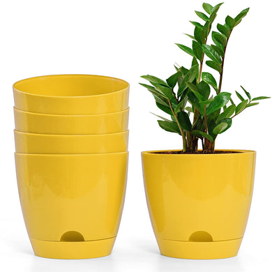 Evergreeness India Self Watering Planter Flower Pot with Drainage Hole - Indoor Outdoor Planter Pots for Balcony Home Garden - Modern Plant Pot - Virgin Plastic Flower Pots - Yellow (Pack of 5)