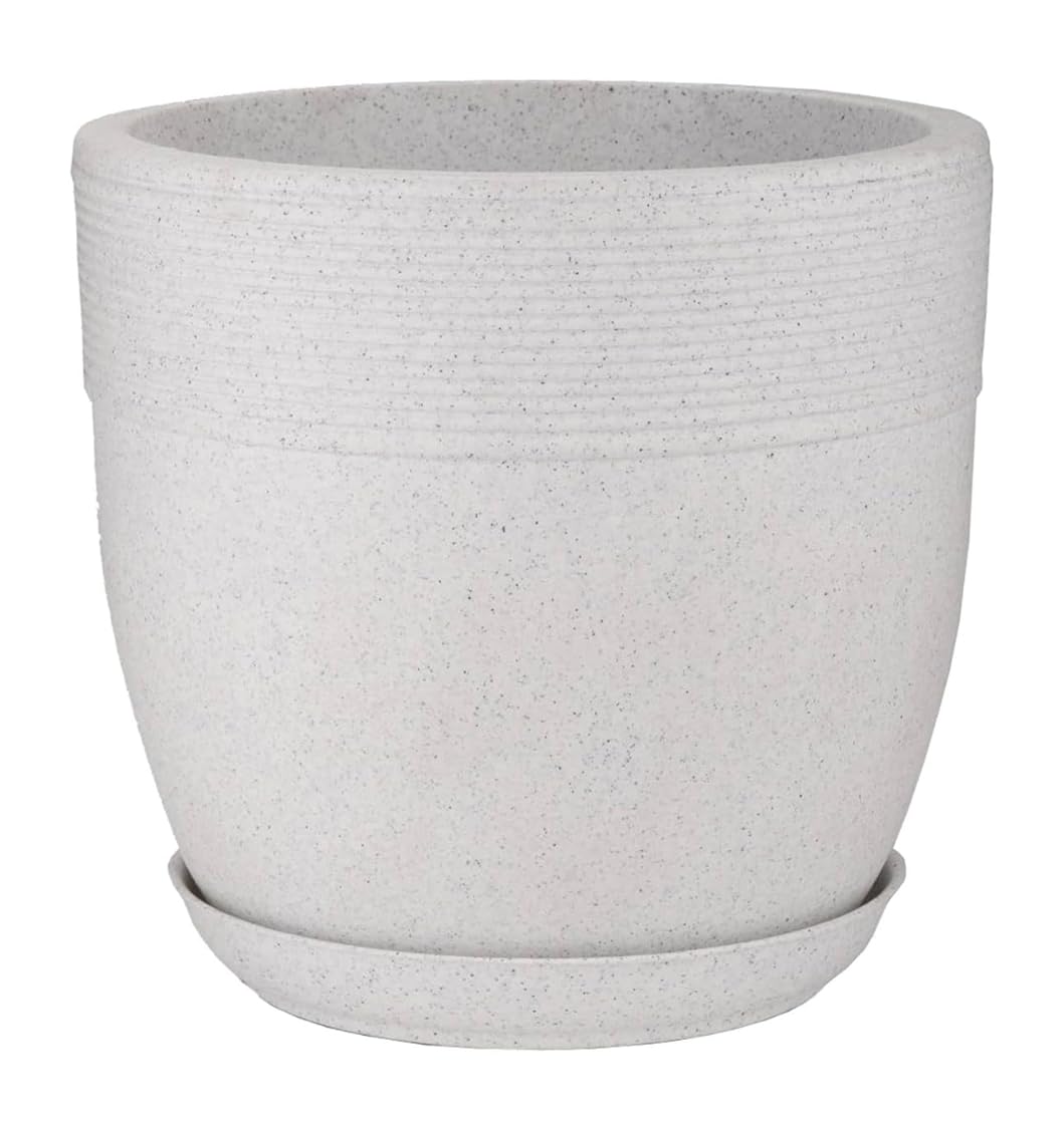 Evergreeness India DECORA Cool Fiber Marble Look Roto Moulding Flower Pot with Bottom Tray Suitable for Home and Garden (Stone White) (12 Inches)