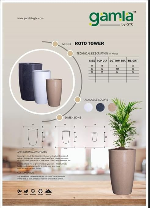 GAMLA BY GTC Plastic Marble Look ROTO Moulding ROTO Tower Planter Suitable for Home, Gardens, Hotels and Resorts